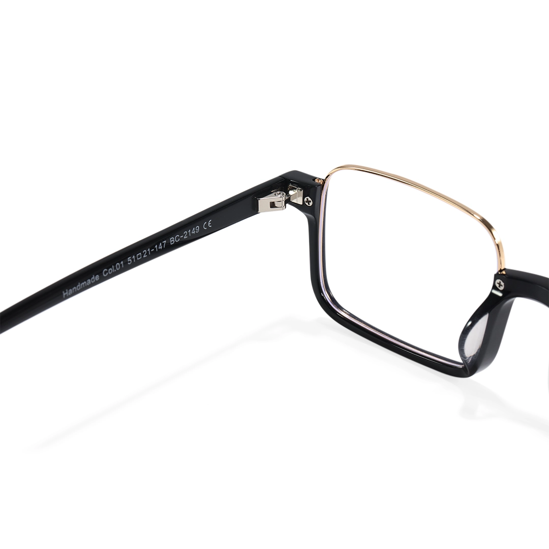 Hinge detail of Maelis nerd rectangle tr90 eyeglasses in black. SPU: EX0382509
