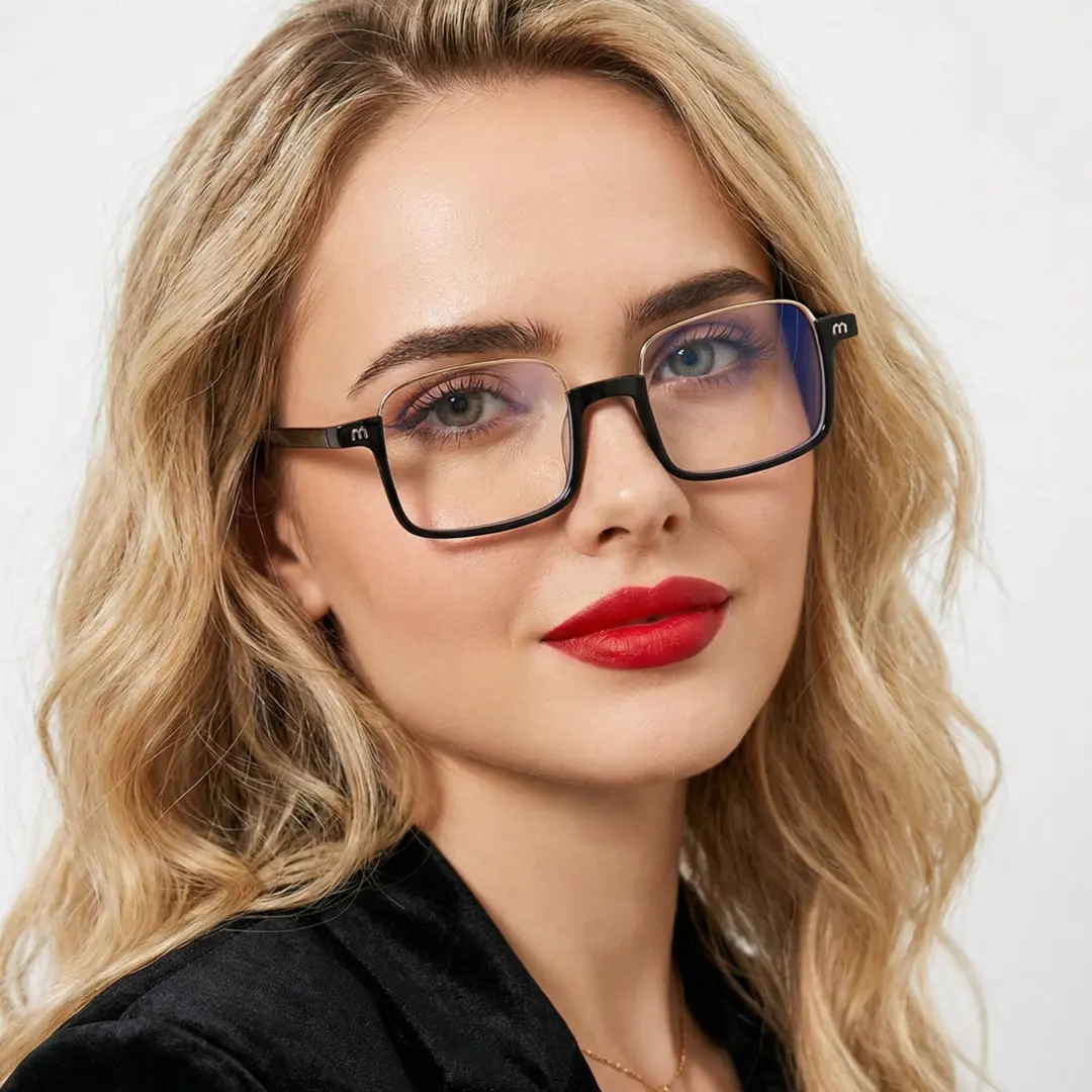Front view of female wearing nerd black rectangle eyeglasses, natural smile, EX0382509