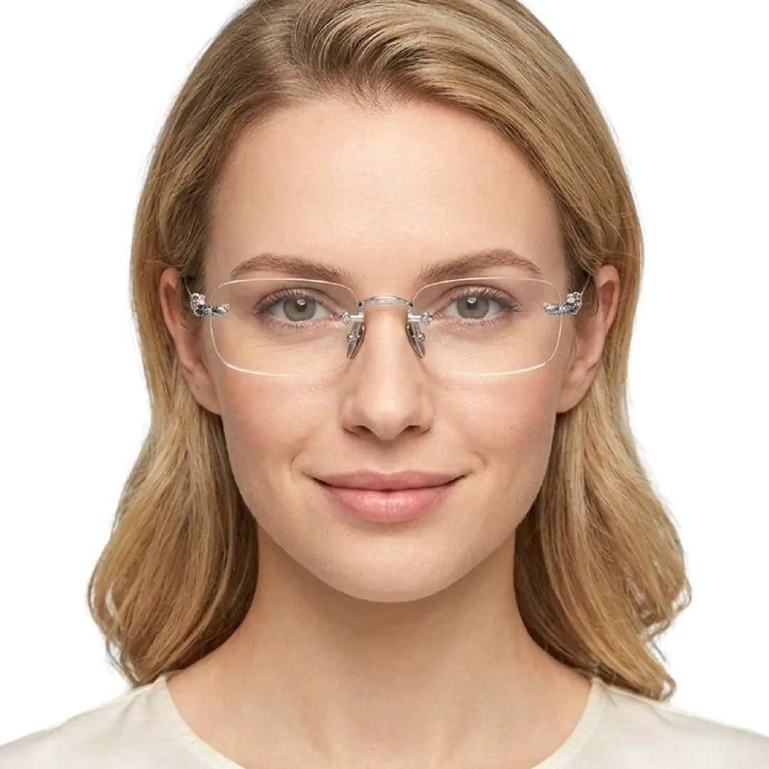 Female wearing silver rectangle eyeglasses, soft smile, FS-EM0352412