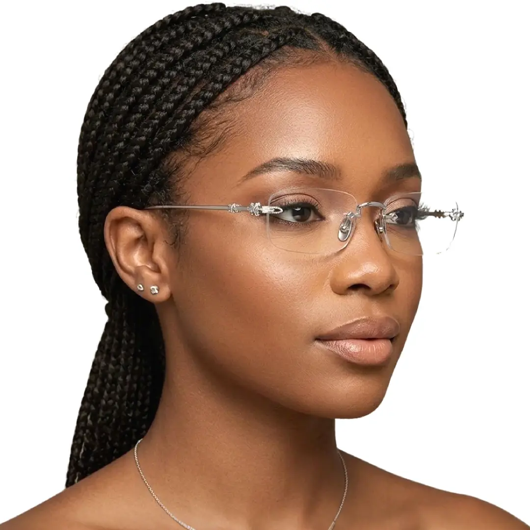 Profile view of female wearing silver rectangle eyeglasses, natural smile, FS-EM0352412