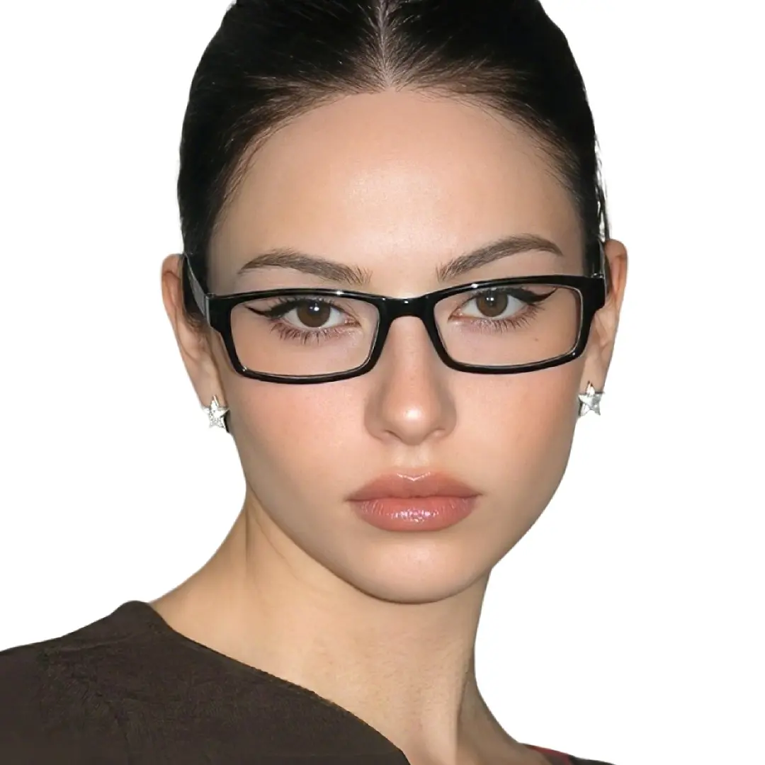 Front view of female wearing black rectangle eyeglasses, natural expression, FS-ER0302412