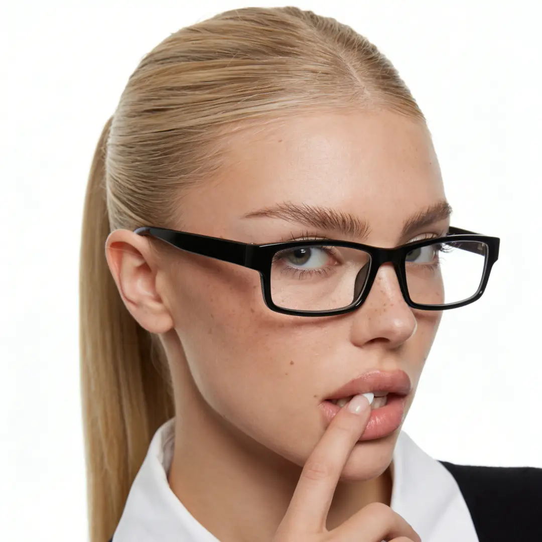 Three-quarter view of female wearing black rectangle eyeglasses, hand near face, natural expression, ER0302412