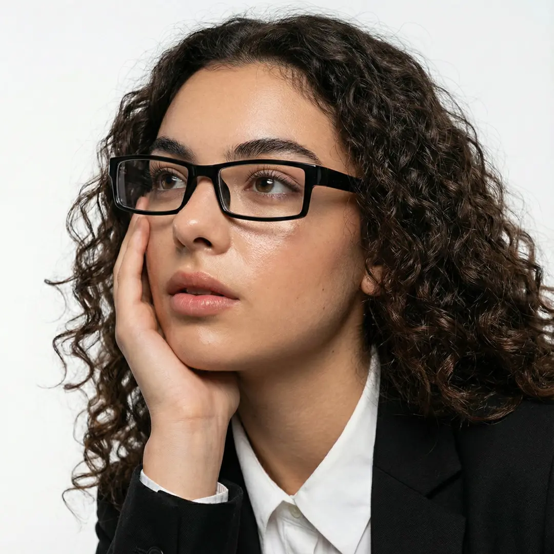 Looking away view of female wearing office siren black rectangle eyeglasses, natural expression, ER0302412