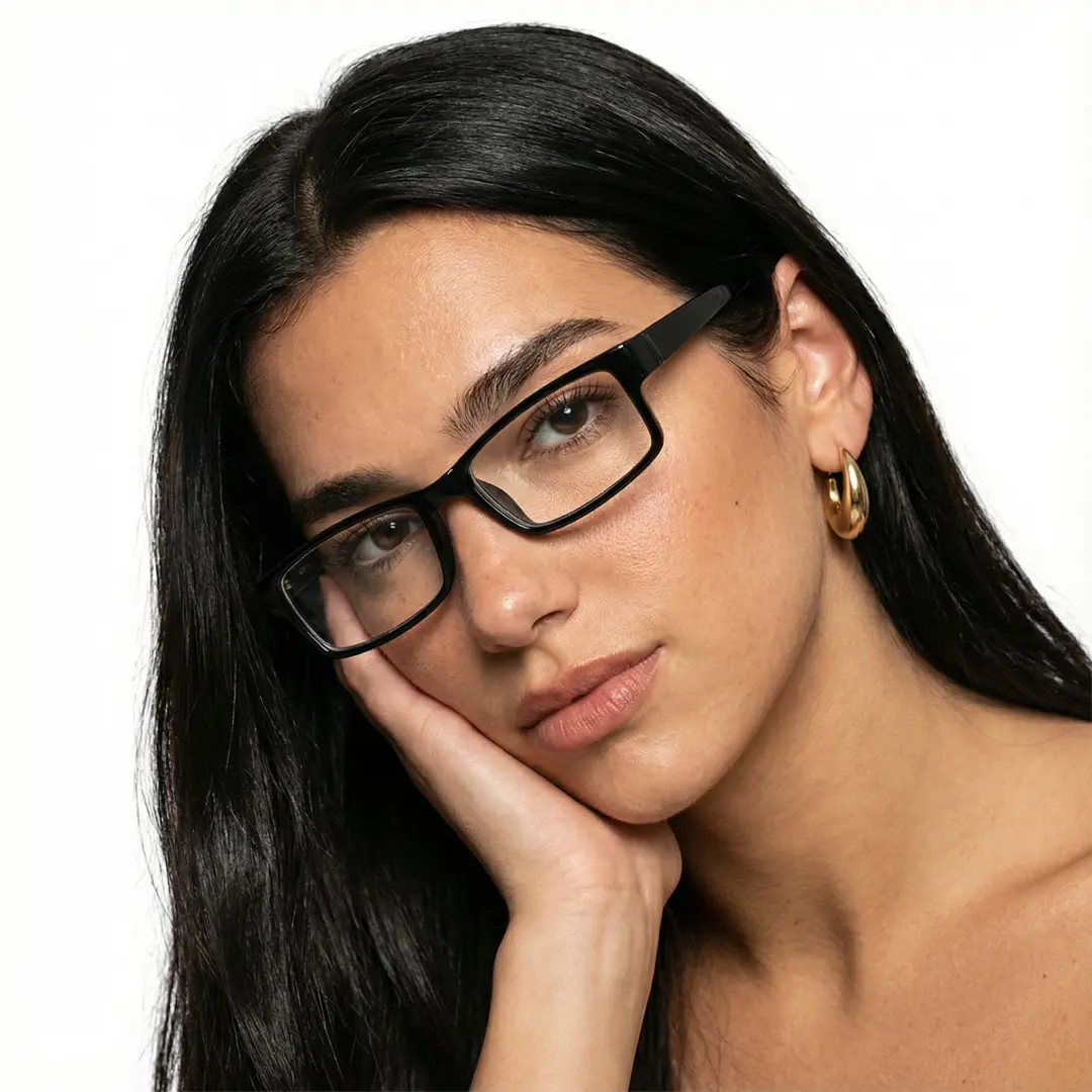 Profile view of female wearing office siren black rectangle eyeglasses, resting chin on hand, neutral expression, ER0302412