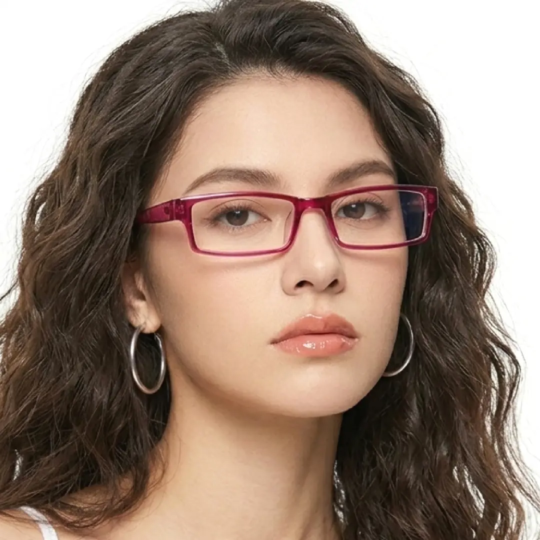 Front view of female wearing red rectangle eyeglasses, natural expression, FS-ER0302412