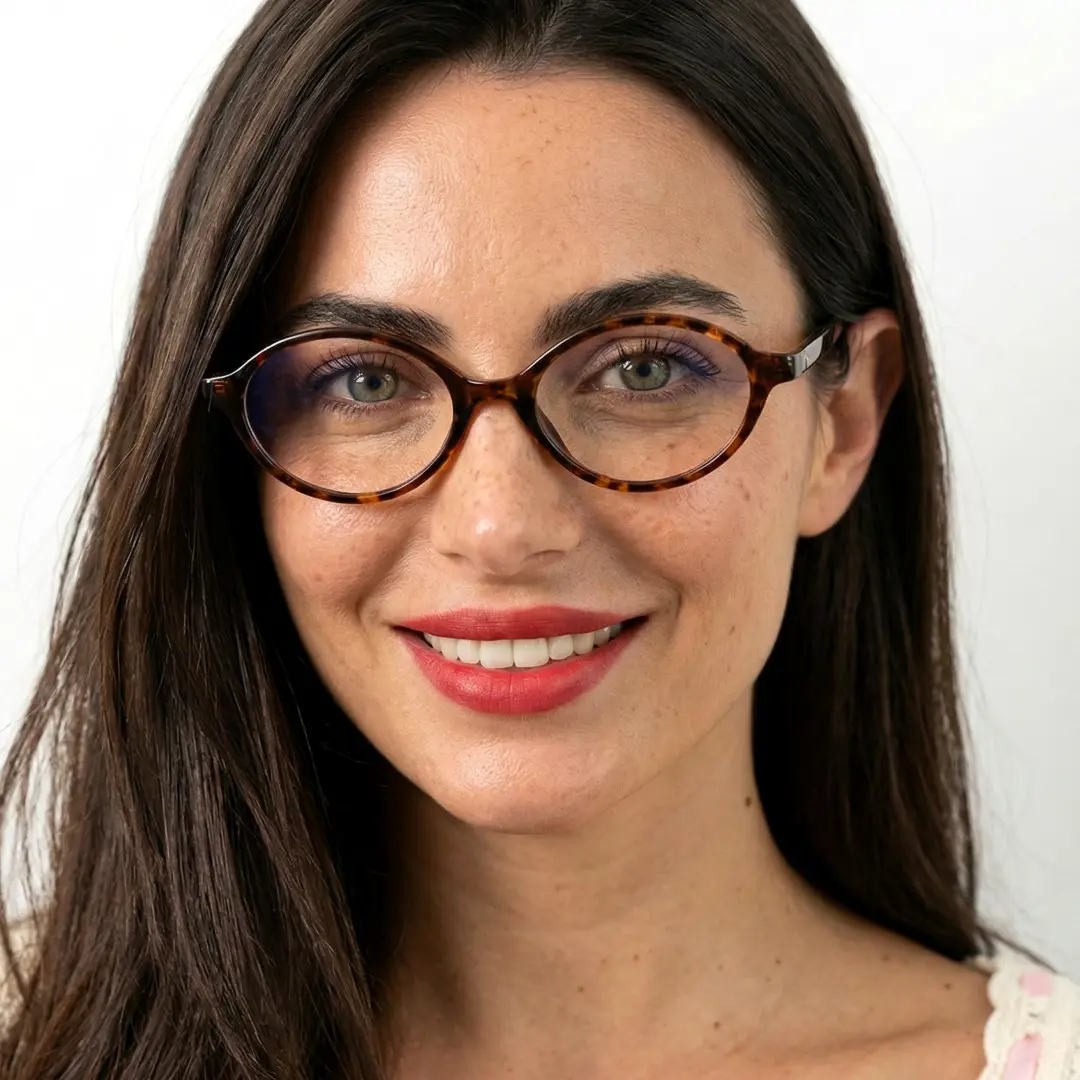 Front view of female wearing tortoise oval eyeglasses, natural smile, FS-OR0312402