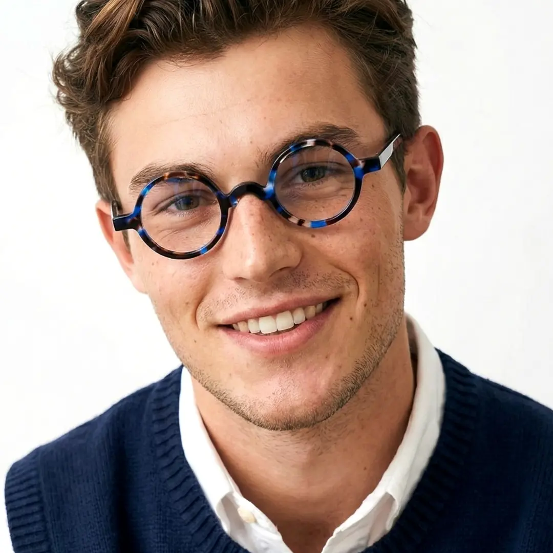 Front view of male wearing blue tortoise round eyeglasses, tilting head, natural smile, FS-RA0402411