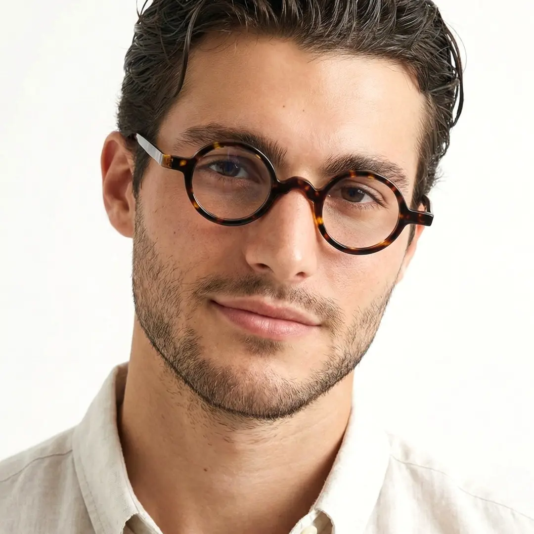 Front view of male wearing tortoise round eyeglasses, tilting head, neutral expression, FS-RA0402411