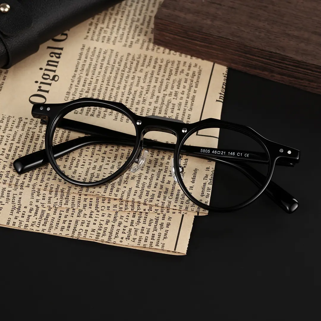 Scene close-up view of Shirley geometric acetate eyeglasses GA0022408 in black