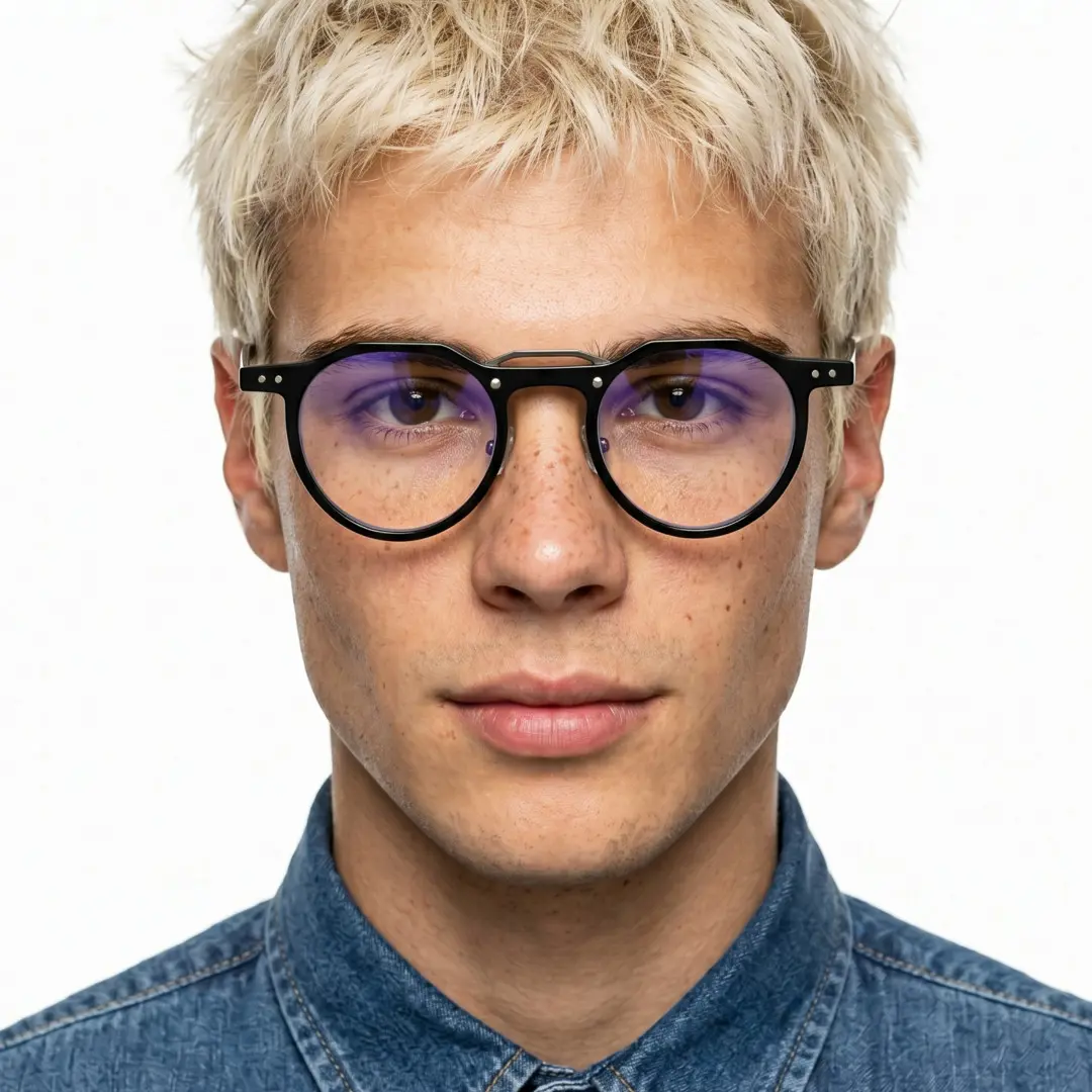 Front view of male wearing vintage black geometric eyeglasses, natural smile, GA0022408