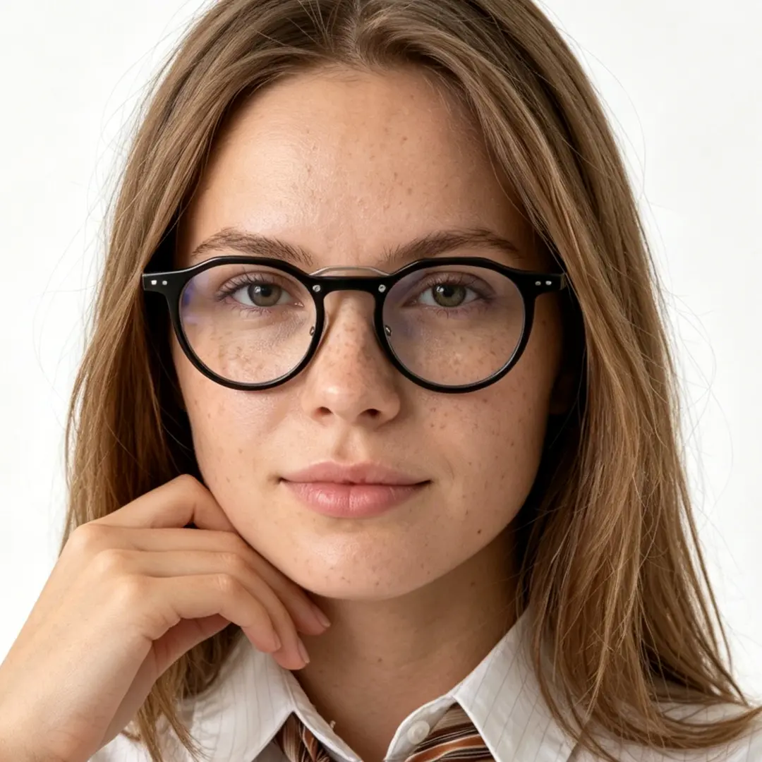 Female wearing vintage black geometric acetate eyeglasses, natural smile while resting chin on hand. SPU: GA0022408