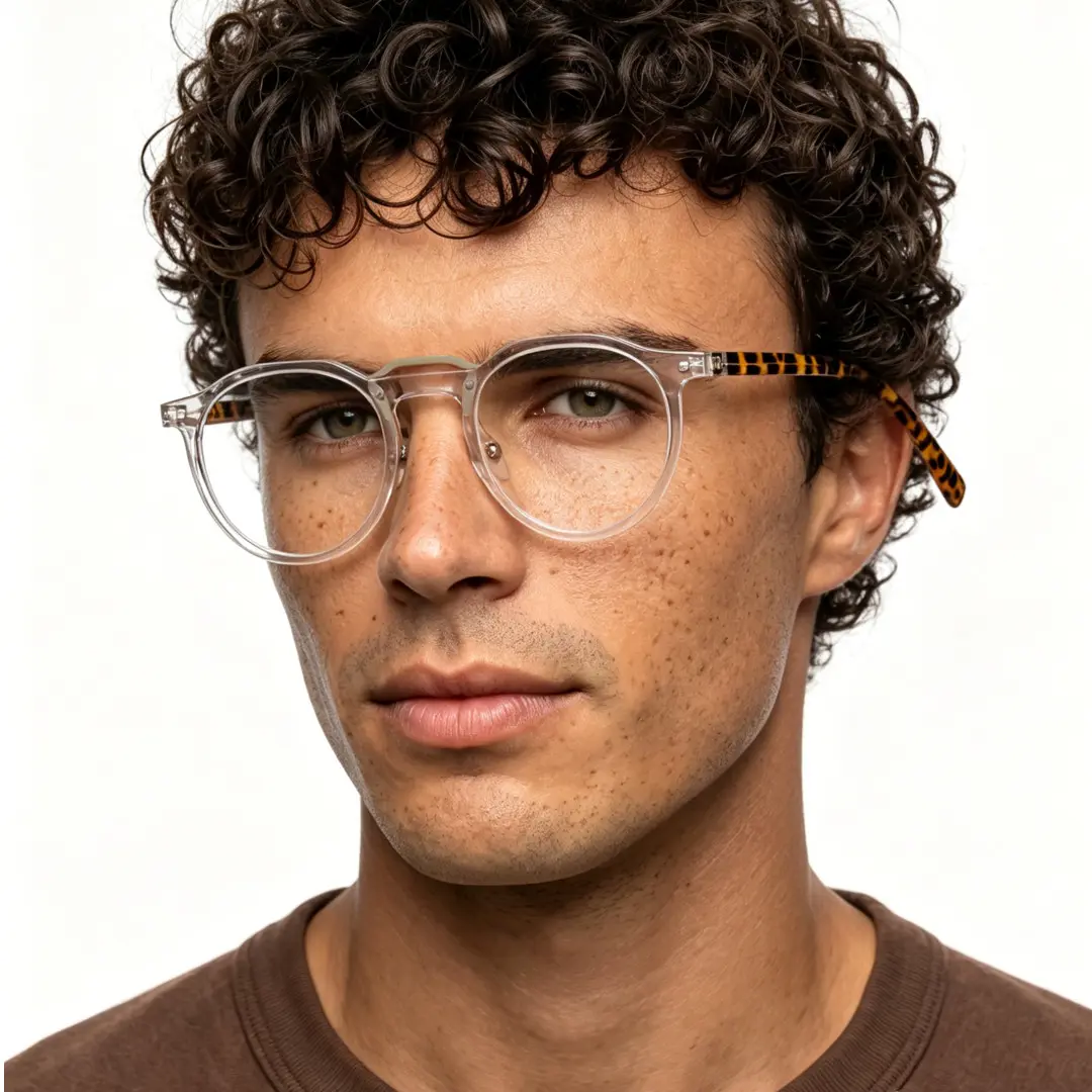 Three-quarter view of male wearing vintage clear geometric eyeglasses, natural expression, GA0022408