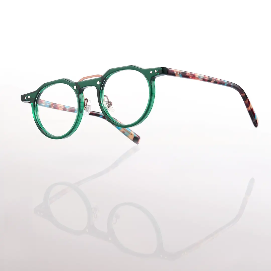 Scene close-up view of Shirley geometric acetate eyeglasses GA0022408 in green
