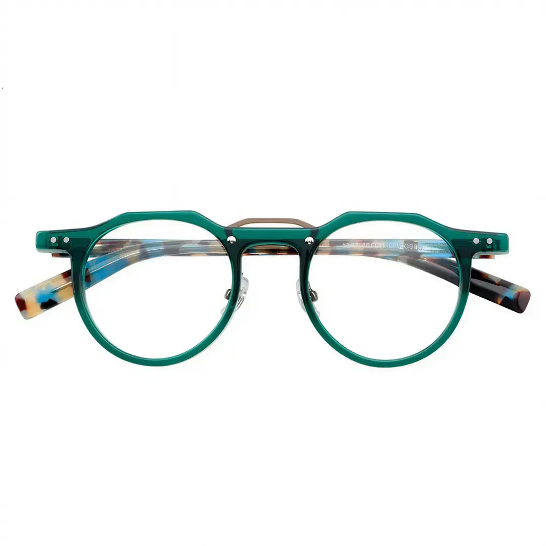 Front folded view of Shirley vintage geometric acetate eyeglasses in green. SPU: GA0022408