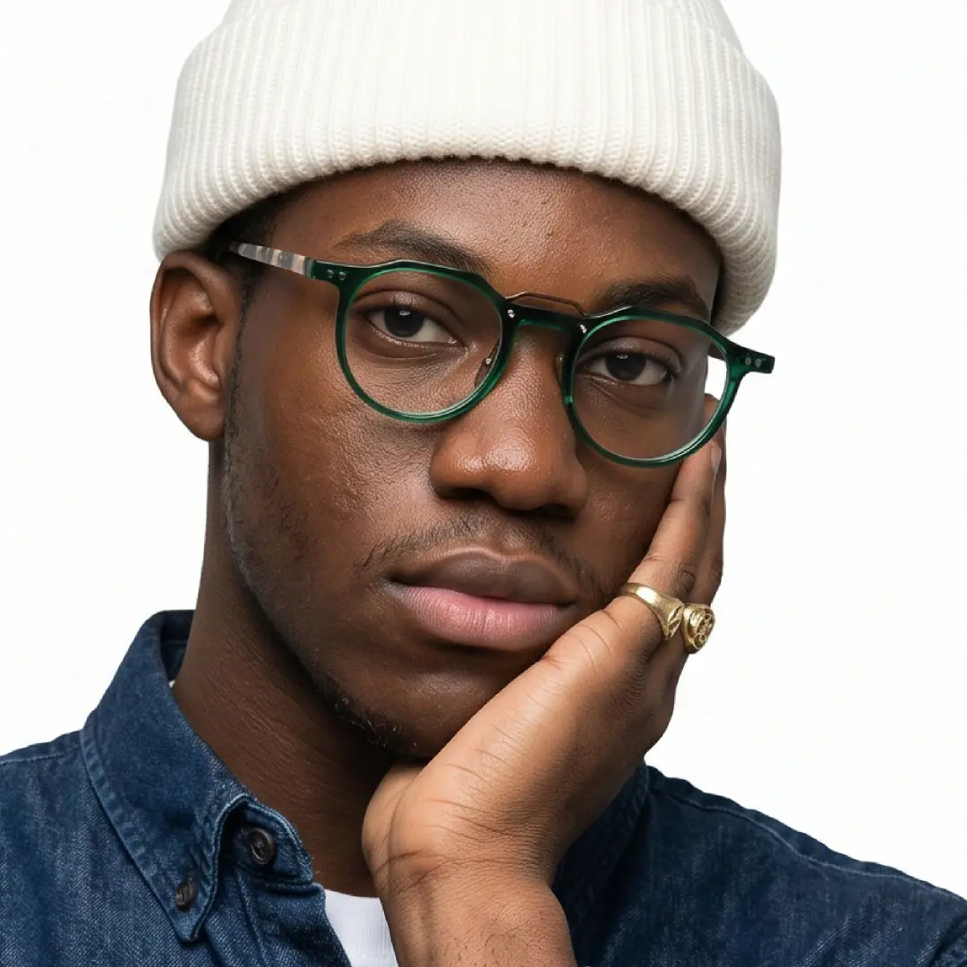 Male wearing vintage green geometric acetate eyeglasses, neutral expression while resting chin on hand. SPU: GA0022408