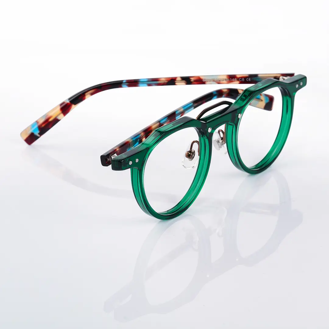 Scene close-up view of Shirley vintage geometric acetate eyeglasses in green. SPU: GA0022408