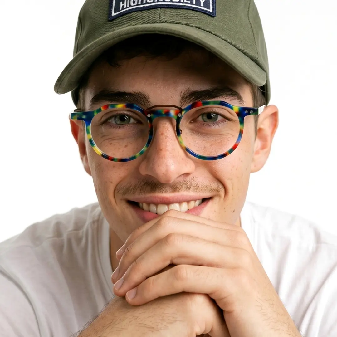 Front view of male wearing vintage multicolor geometric eyeglasses, smiling, GA0022408