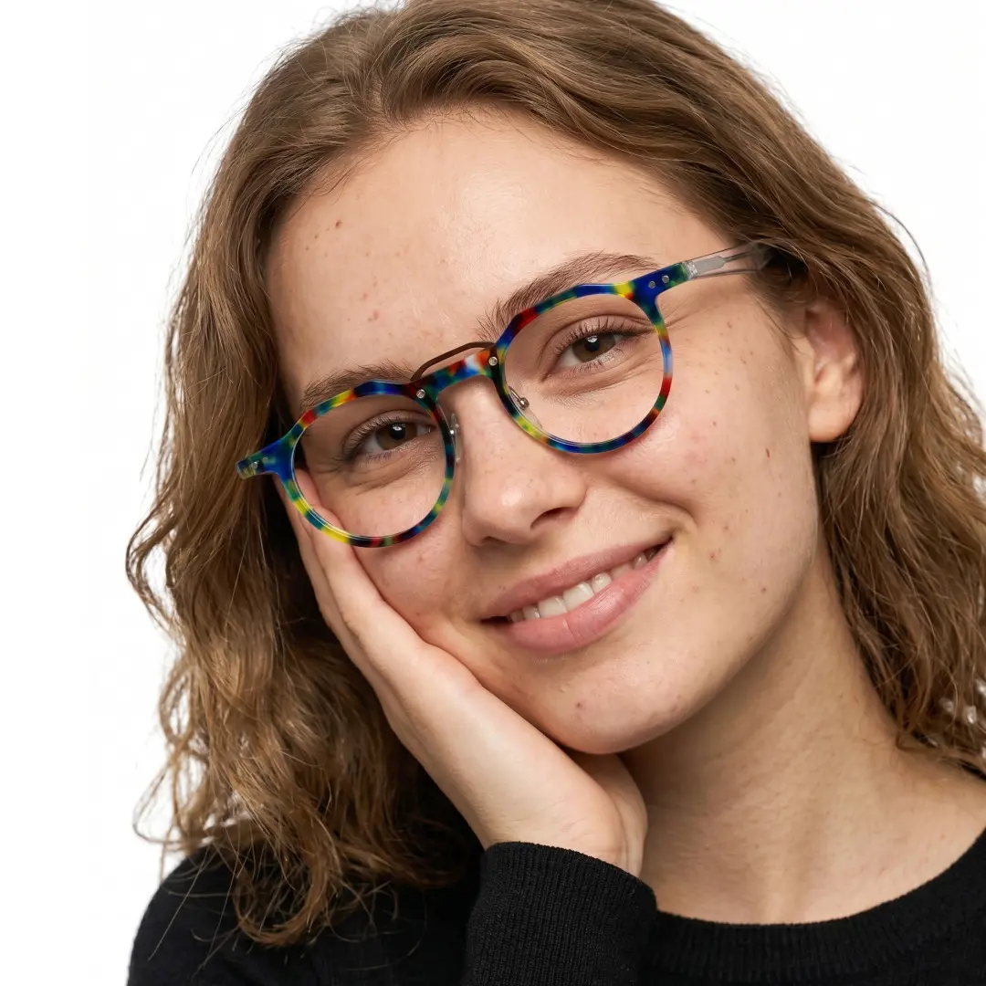 Female wearing vintage multicolor geometric acetate eyeglasses, smiling while resting chin on hand. SPU: GA0022408