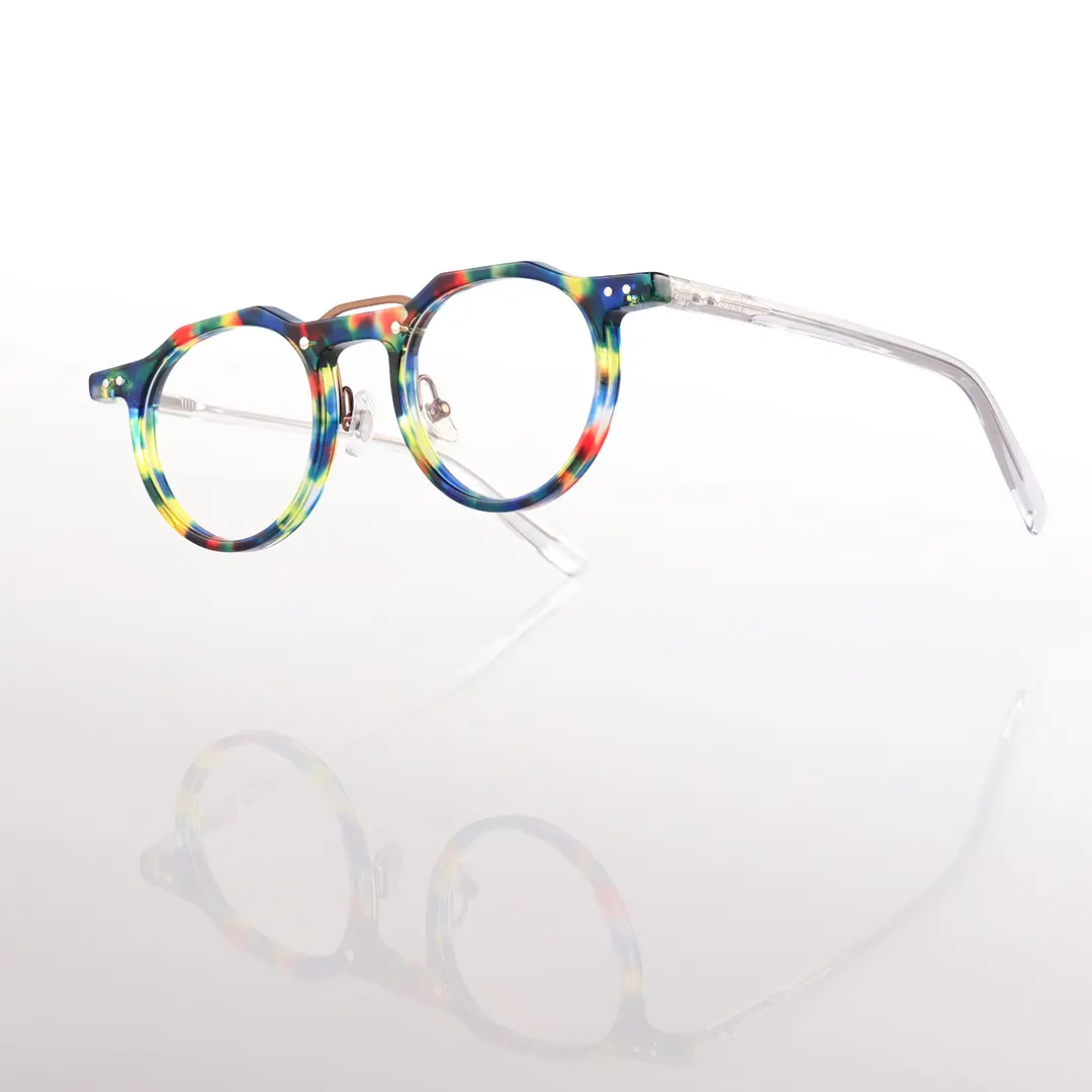 Scene close-up view of Shirley vintage geometric acetate eyeglasses in multicolor. SPU: GA0022408