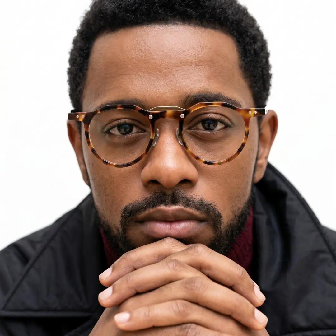 Front view of male wearing tortoise geometric eyeglasses, neutral expression, GA0022408