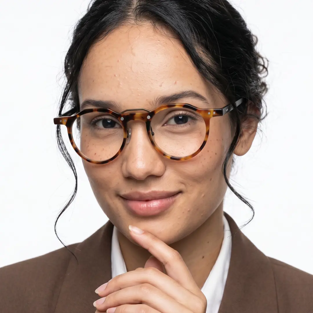 Female wearing vintage tortoise geometric acetate eyeglasses, soft smile. SPU: GA0022408