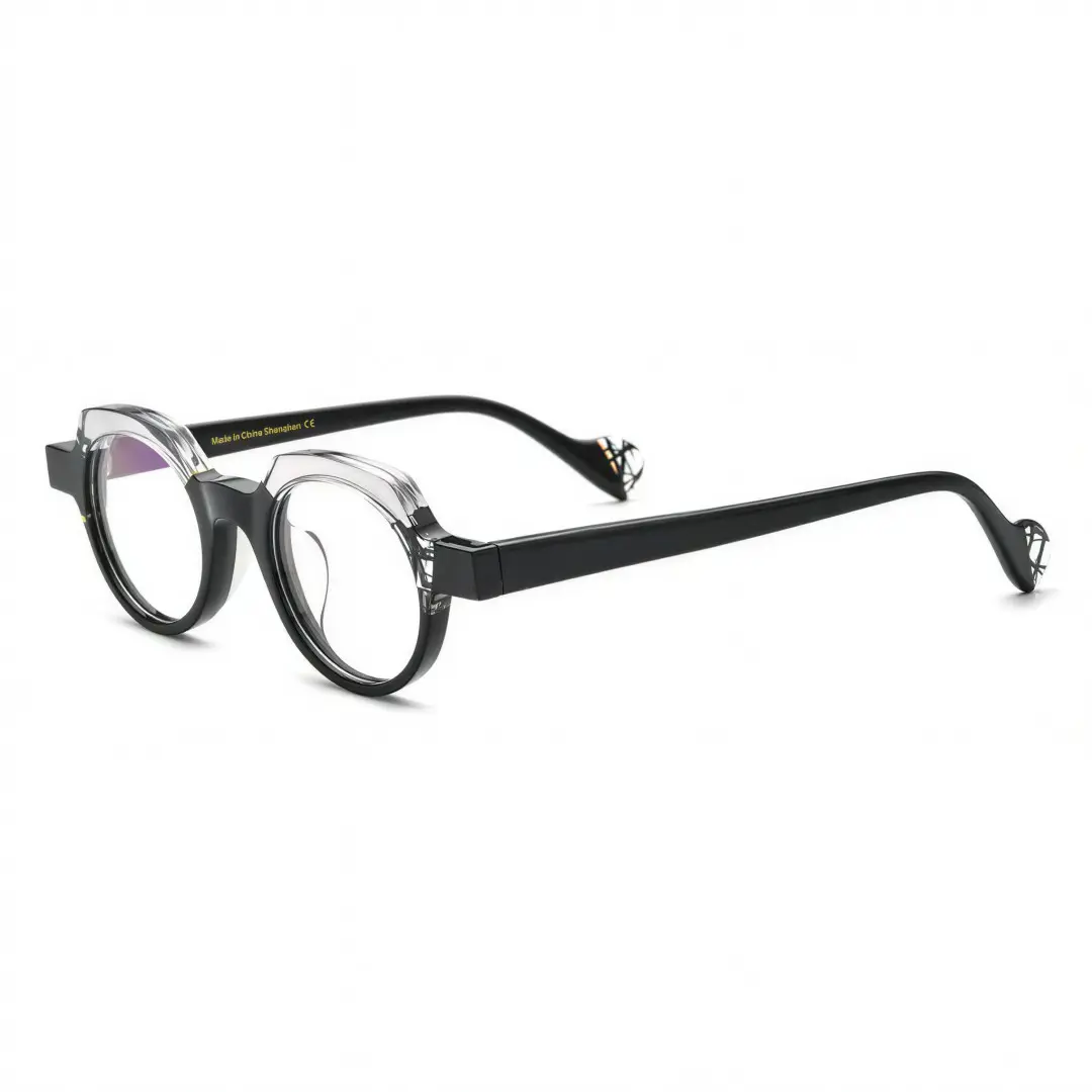 Angle view of Miguell vintage geometric acetate eyeglasses in black. SPU: GA0032209