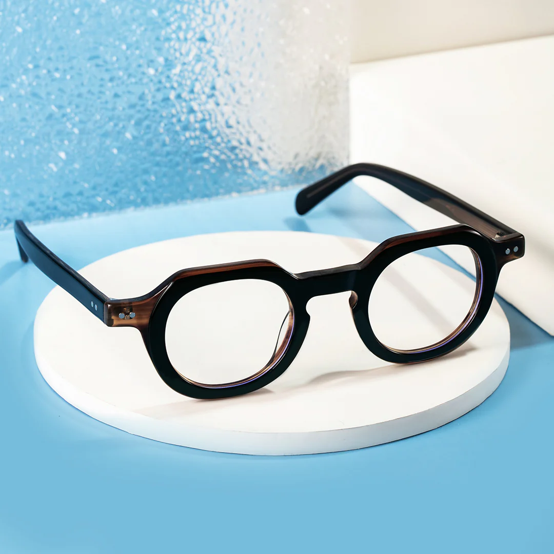 Scene view of Edana geometric acetate eyeglasses GA0032301 in brown