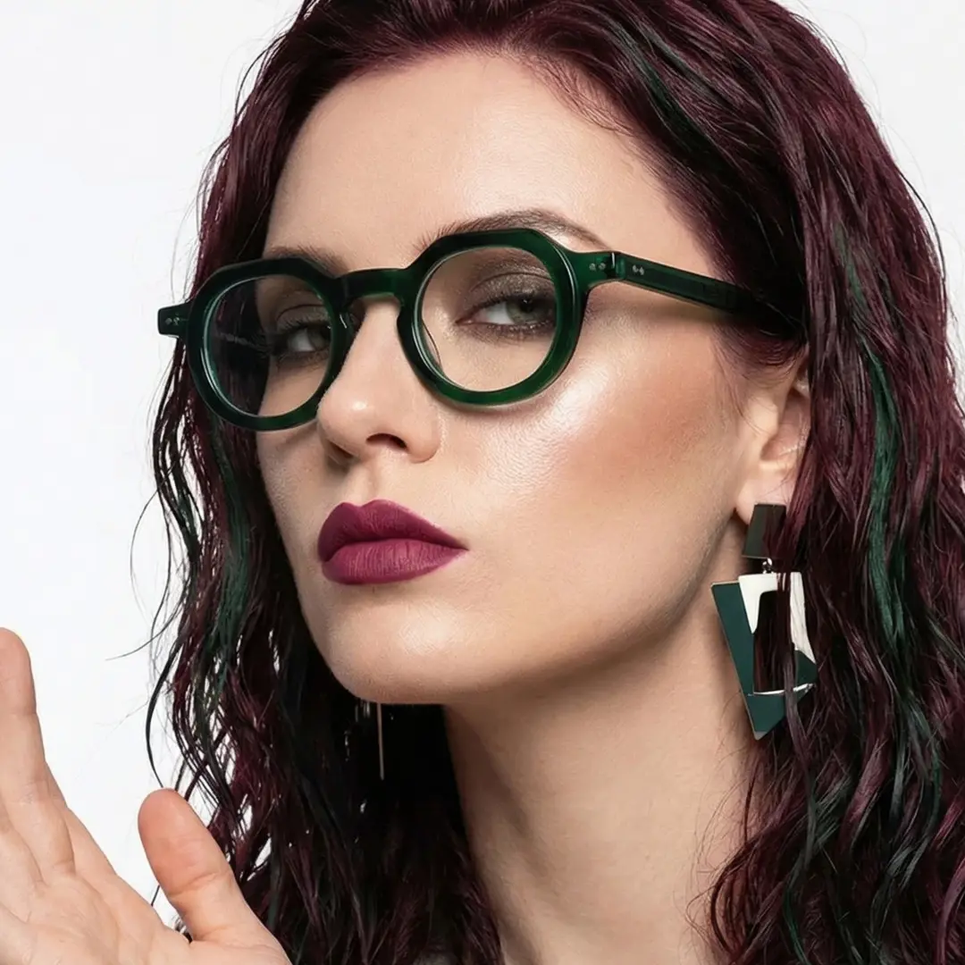 Three-quarter view of female wearing green geometric eyeglasses, natural expression, GA0032301