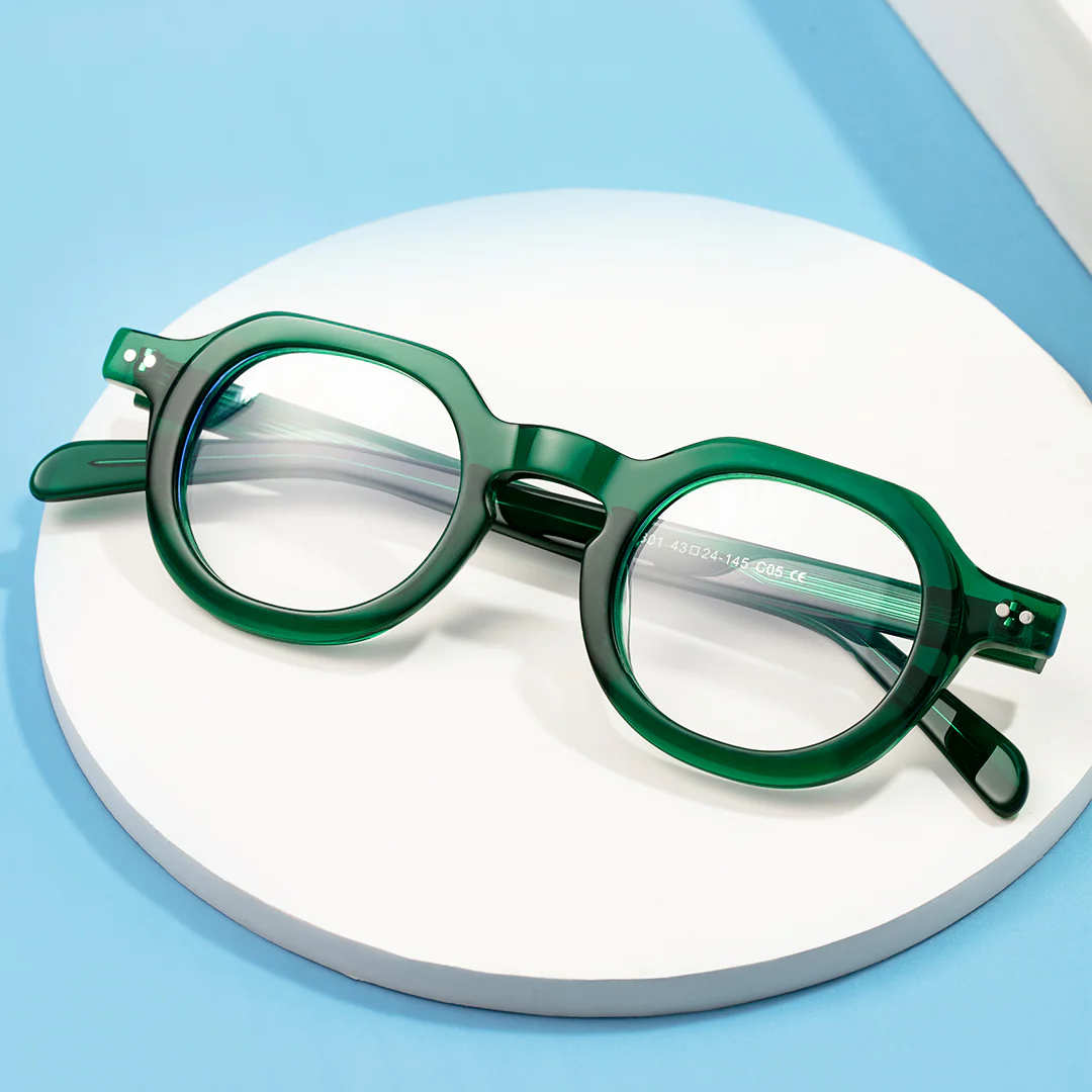 Scene close-up view of Edana geometric acetate eyeglasses GA0032301 in green