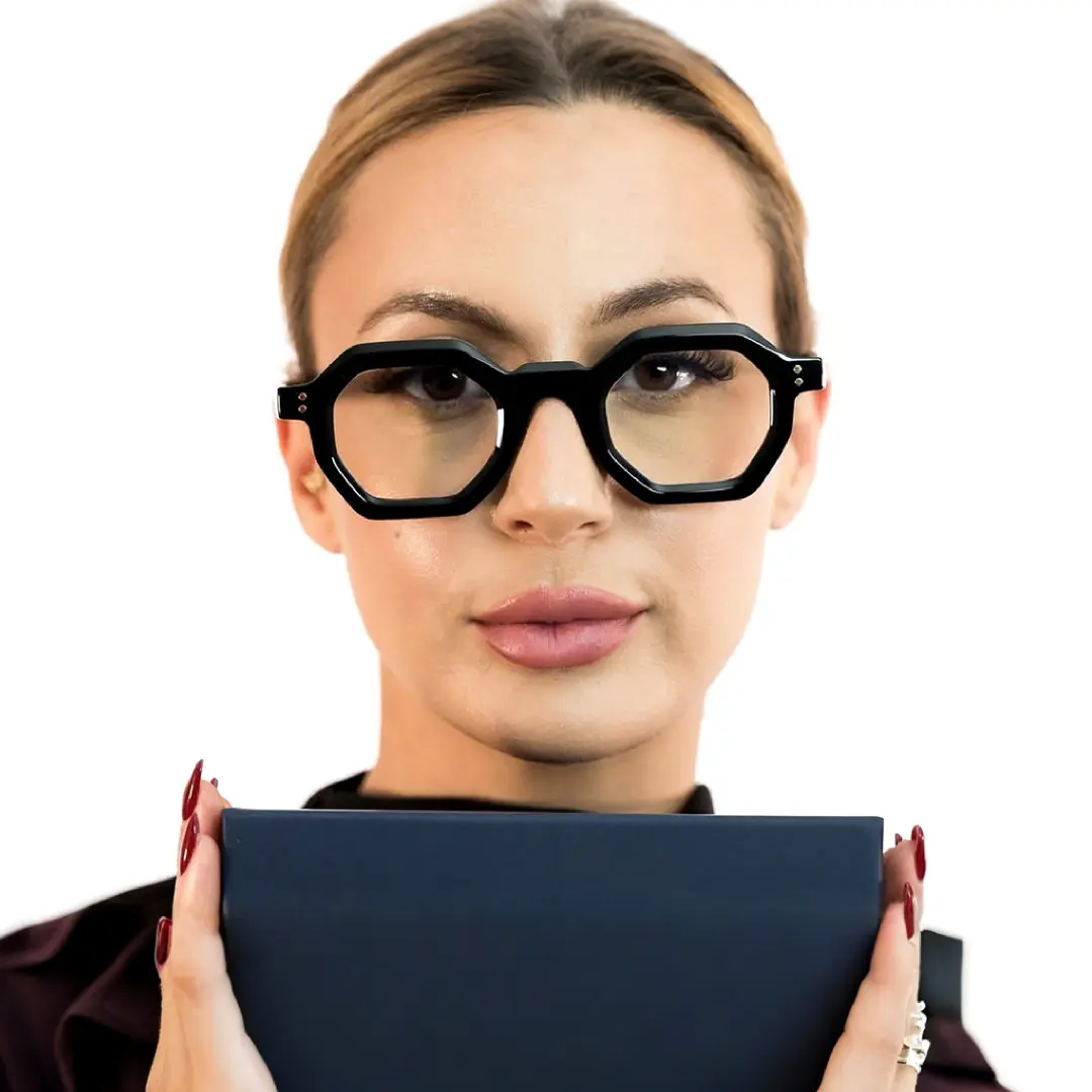 Front view of female wearing black geometric eyeglasses, calm expression, GA0052310