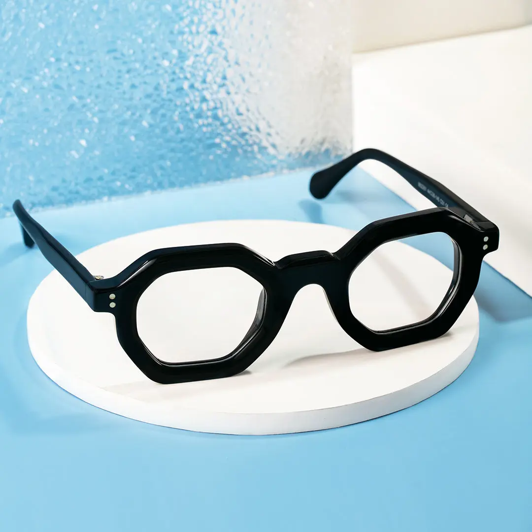 Scene close-up view of Apical geometric acetate eyeglasses GA0052310 in black