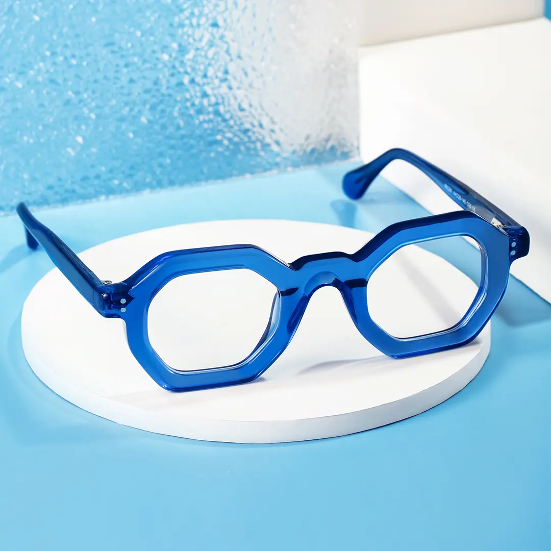 Scene close-up view of Apical geometric acetate eyeglasses GA0052310 in blue
