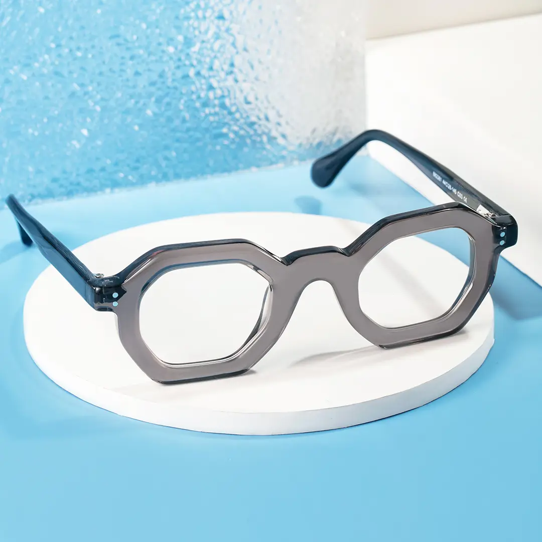 Scene close-up view of Apical geometric acetate eyeglasses GA0052310 in grey