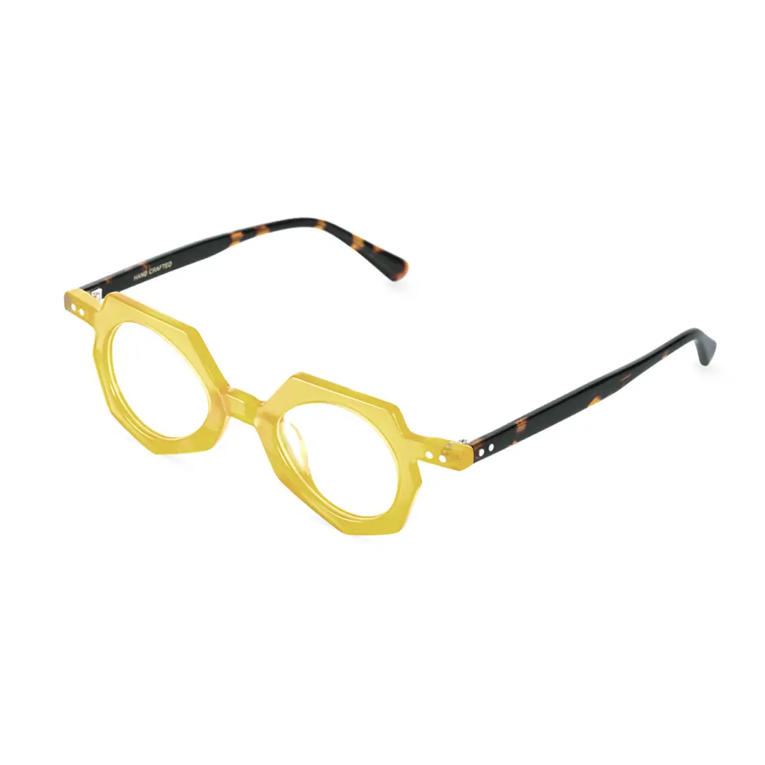 Angle view of Coral geometric acetate eyeglasses GA0062309 in yellow