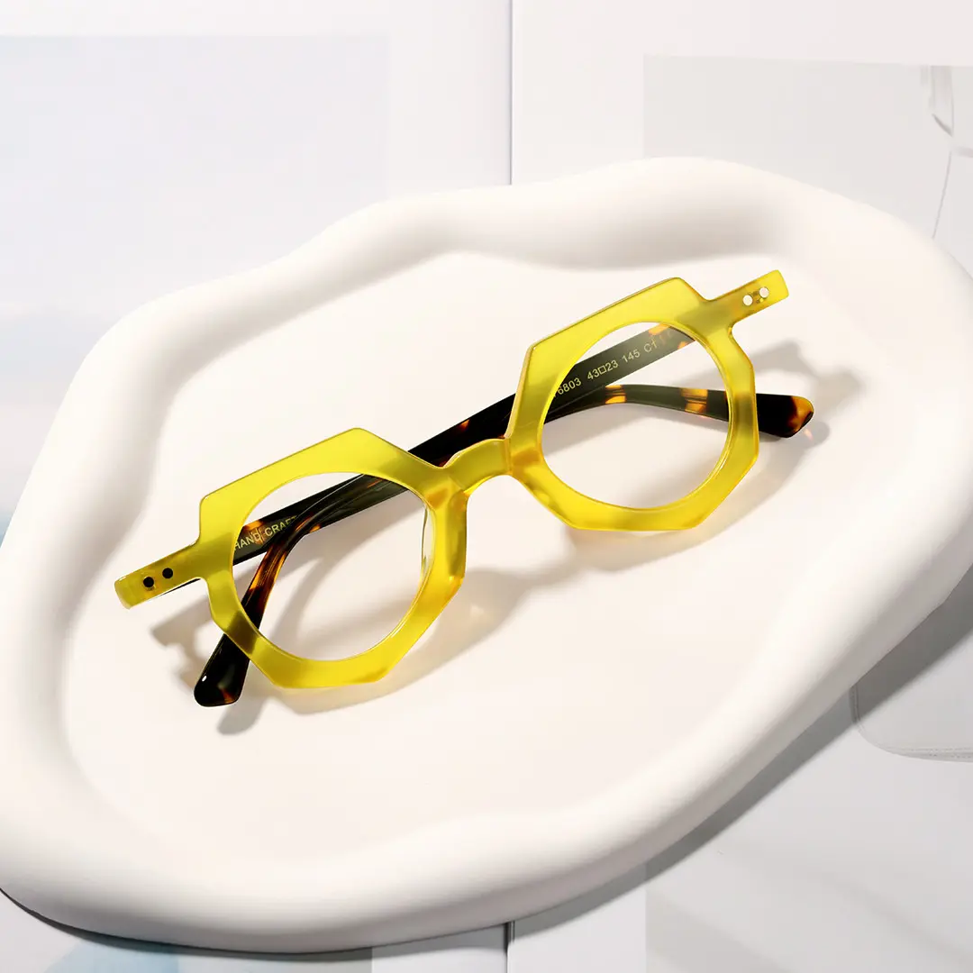 Scene view of Coral geometric acetate eyeglasses GA0062309 in yellow