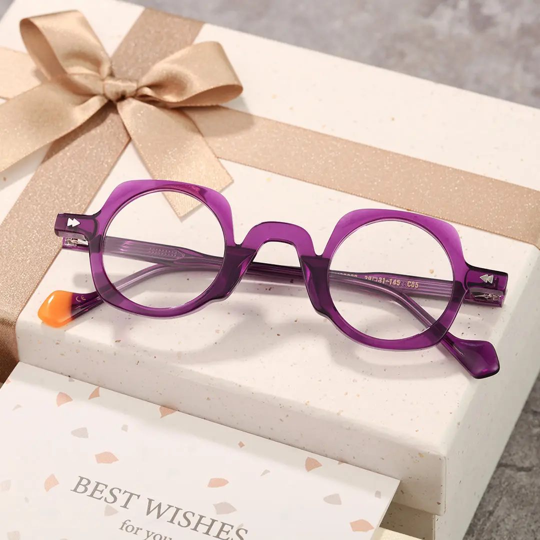 Scene view of Ebony geometric acetate eyeglasses GA0082401 in purple