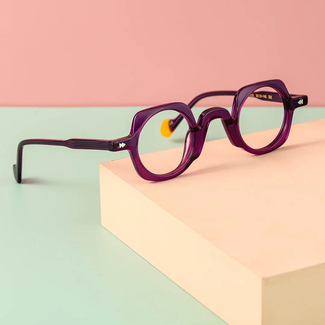 Scene close-up view of Ebony vintage geometric acetate eyeglasses GA0082401 in purple