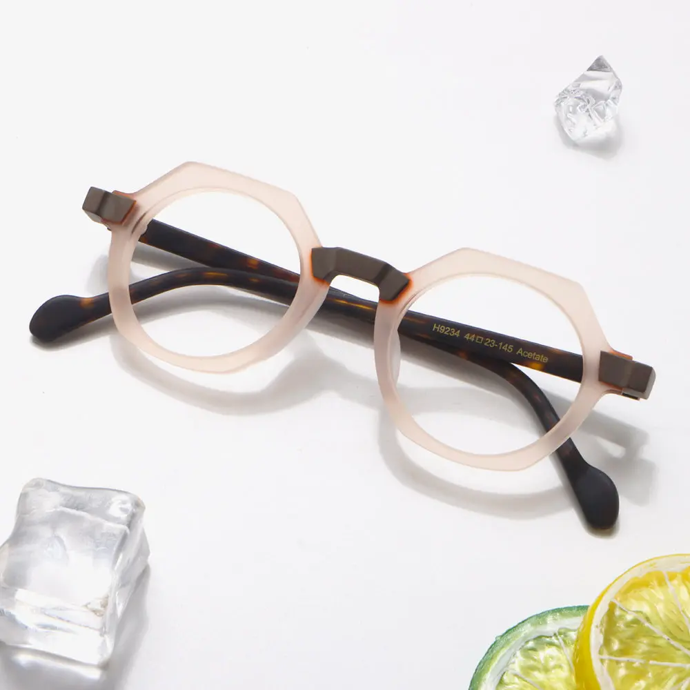 Scene close-up view of Andrian vintage geometric acetate eyeglasses GA0122209 in pink