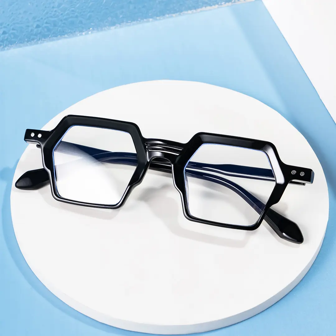 Scene close-up view of Dagny geometric acetate eyeglasses GA0132302 in black
