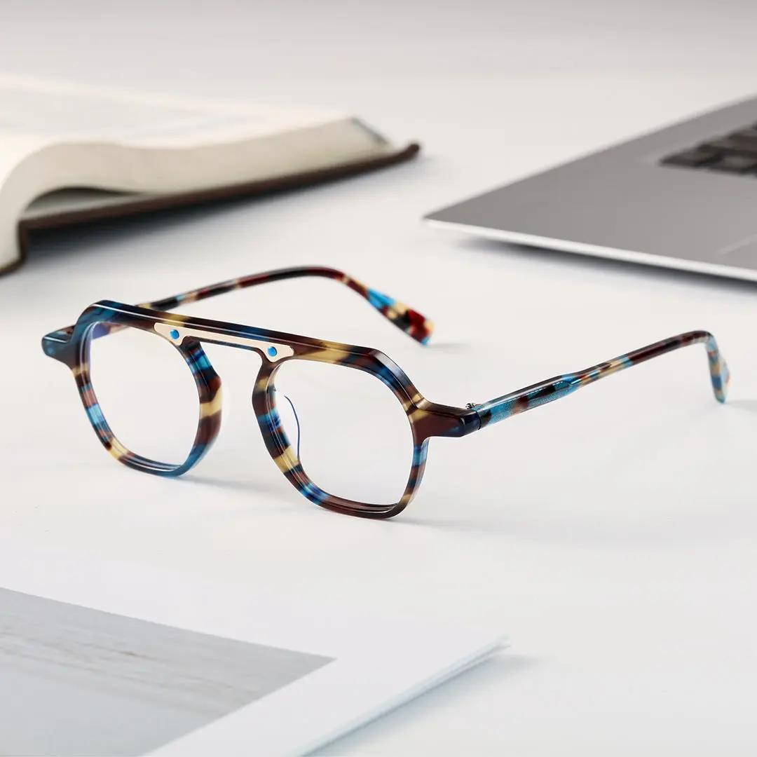 Scene view of Ortiz vintage geometric acetate eyeglasses GA0152308 in blue tortoise
