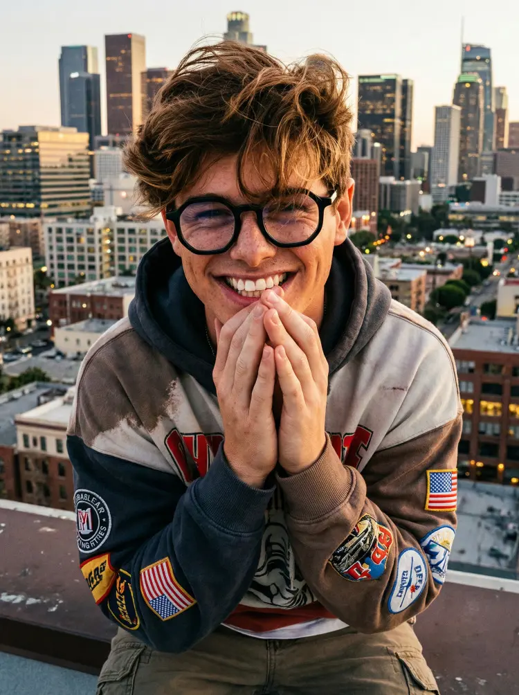 Male model wearing vintage black geometric acetate eyeglasses on a rooftop with city skyline background. SPU: GA0162302