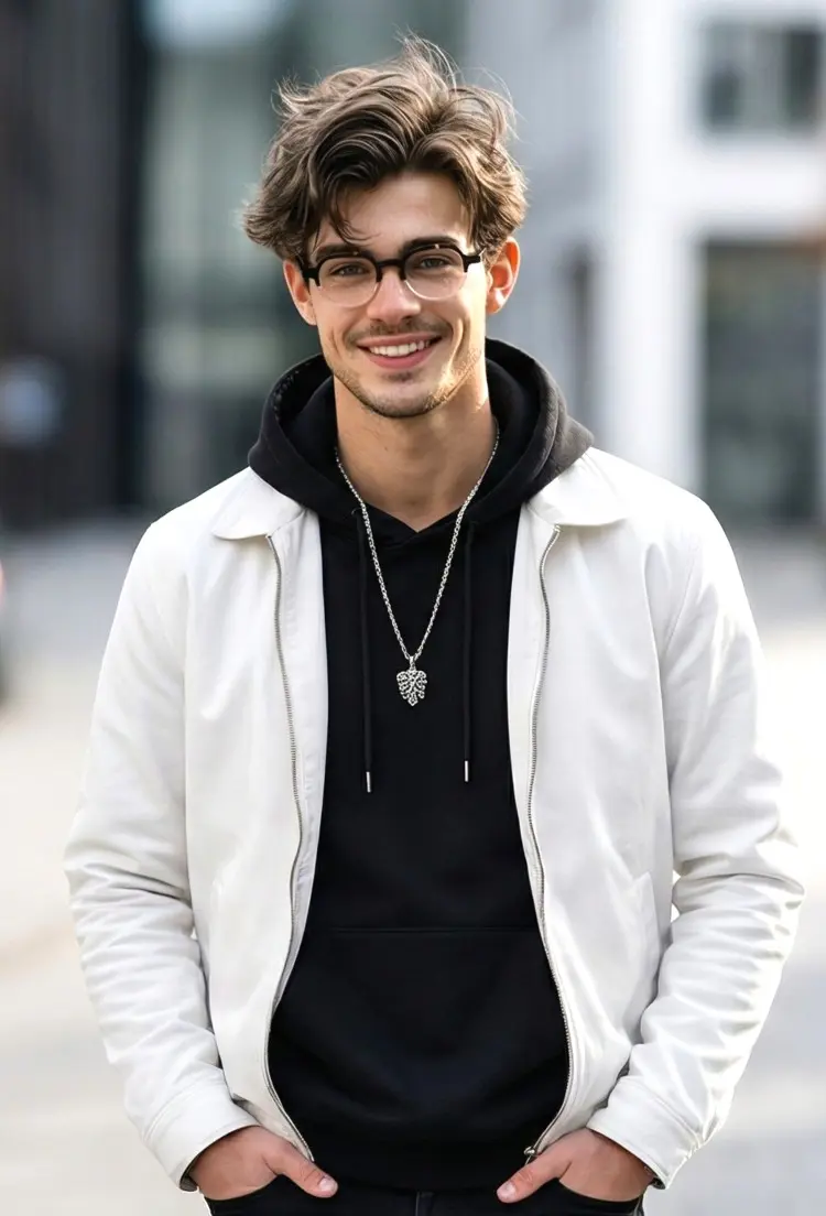 Male model wearing vintage tortoise geometric acetate eyeglasses in an urban street setting. SPU: GA0182209