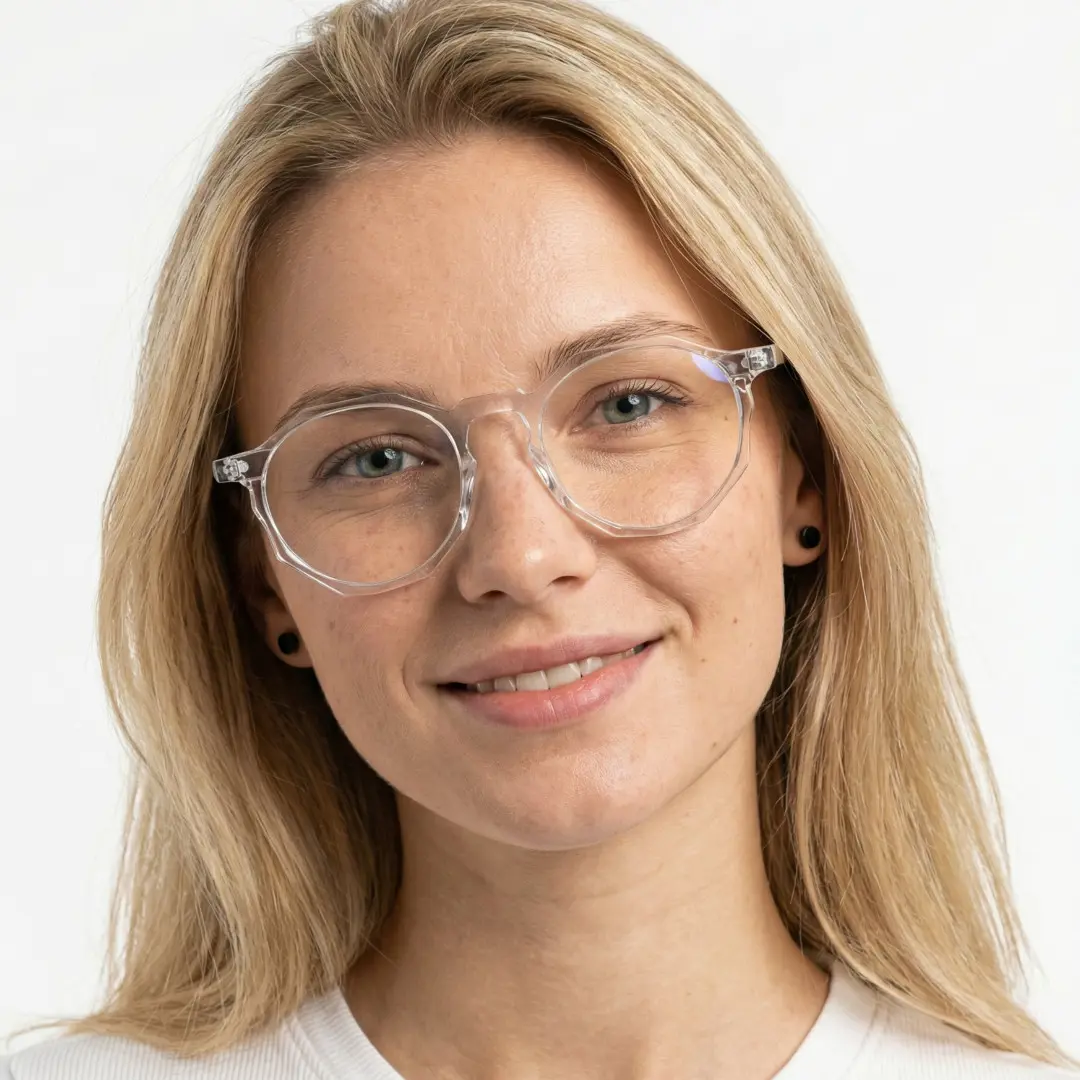 Front view of female wearing clear geometric eyeglasses, smiling, GA0212403