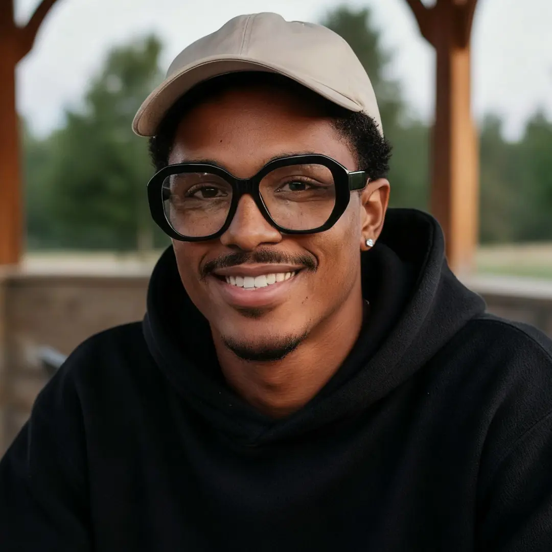 Front view of male wearing black gemetric eyeglasses, smiling, GA0282509
