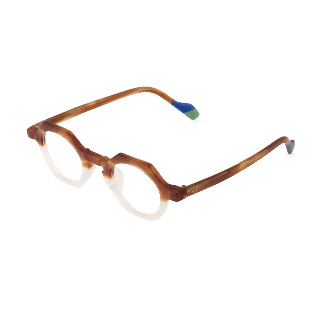 Angle view of Byeo vintage geometric acetate eyeglasses in brown. SPU: GA0382302