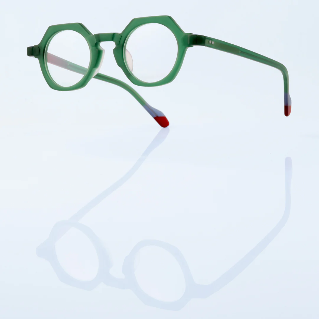 Scene view of Byeo geometric acetate eyeglasses GA0382302 in green