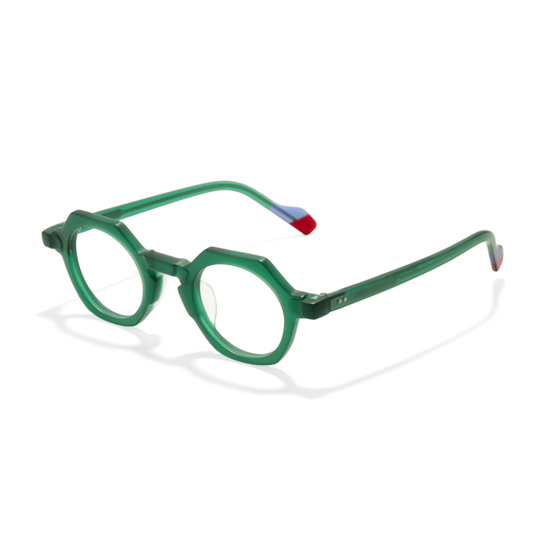 Angle view of Byeo vintage geometric acetate eyeglasses in green. SPU: GA0382302