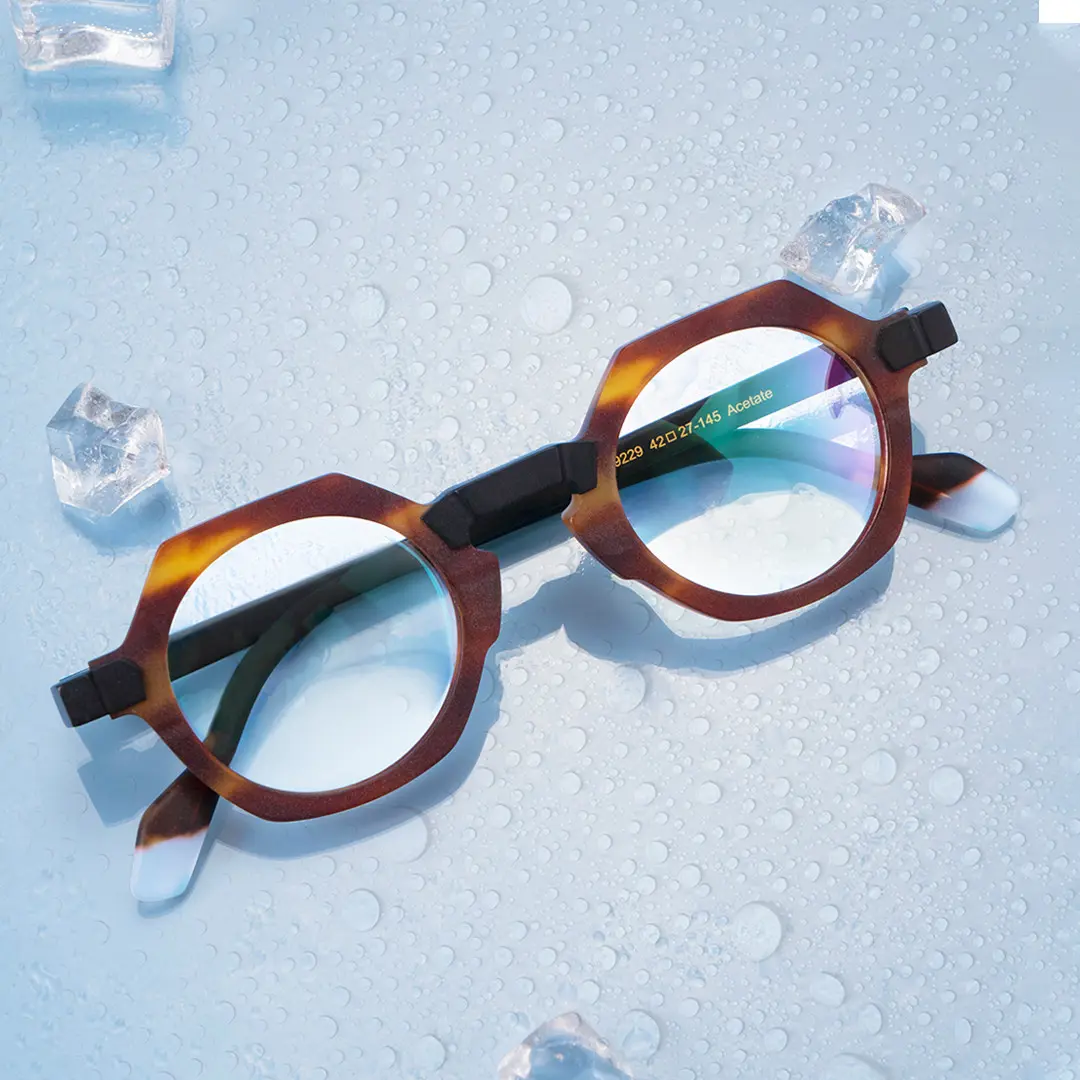 Front folded view of Byeo geometric acetate eyeglasses GA0382302 in tortoise