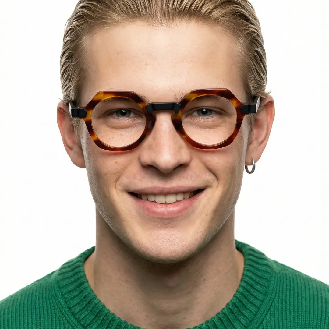 Front view of male wearing tortoise geometric eyeglasses, natural smile, GA0382302
