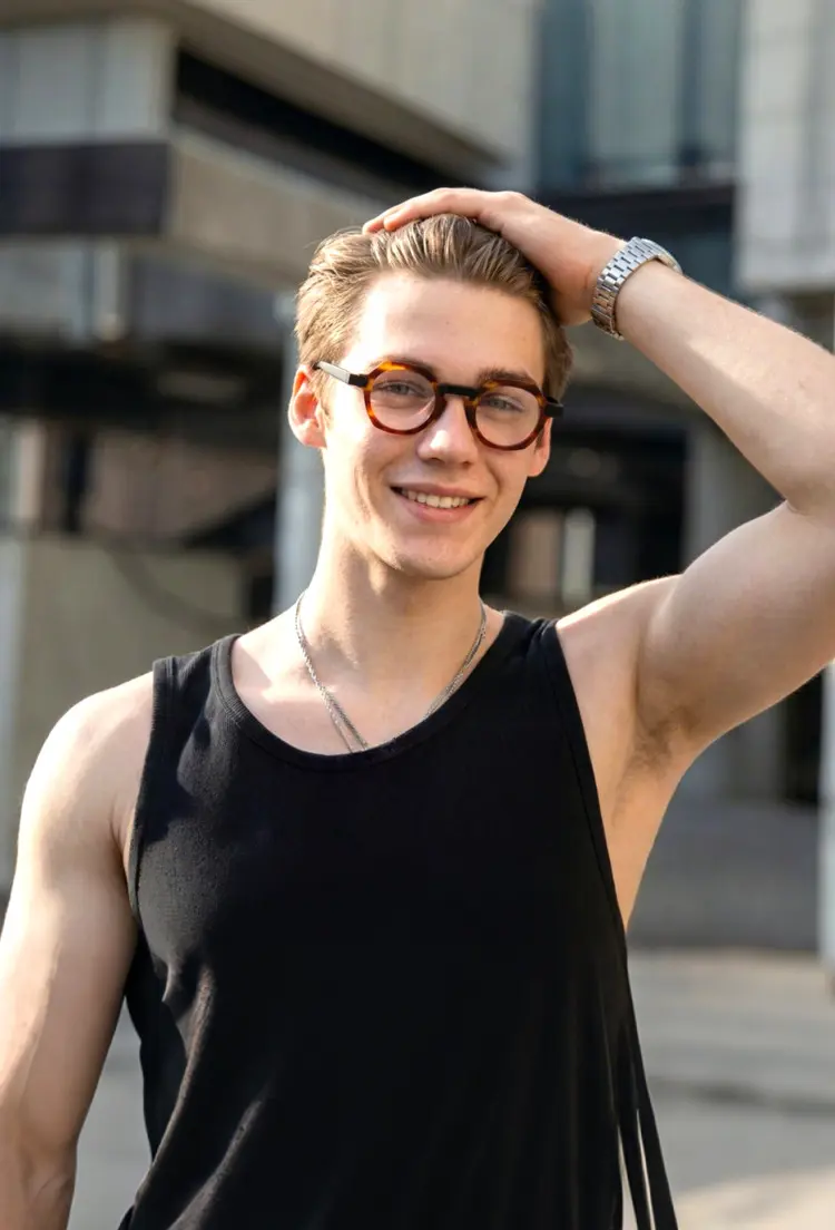 Male model wearing vintage tortoise geometric acetate eyeglasses on an outdoor street. SPU: GA0382302